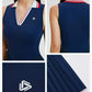 Female tennis athlete wearing sophisticated performance tennis apparel in premium court setting