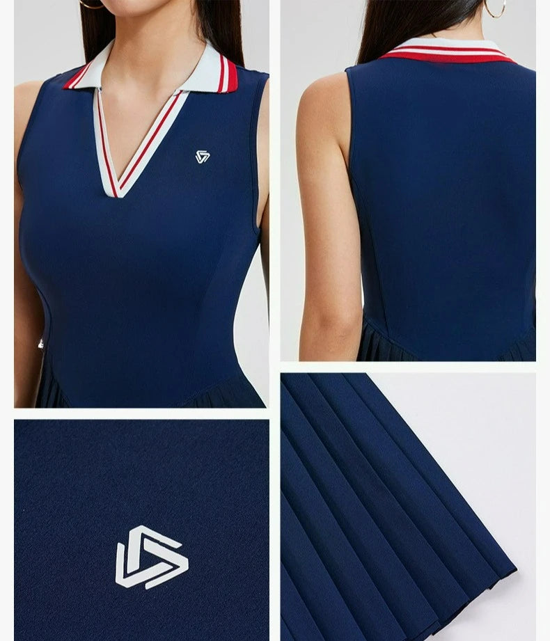 Female tennis athlete wearing sophisticated performance tennis apparel in premium court setting