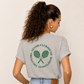 Gray women’s tennis t-shirt by Clayside with front chest logo and back graphic.