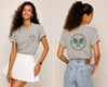 Gray women’s tennis t-shirt by Clayside with front chest logo and back graphic.
