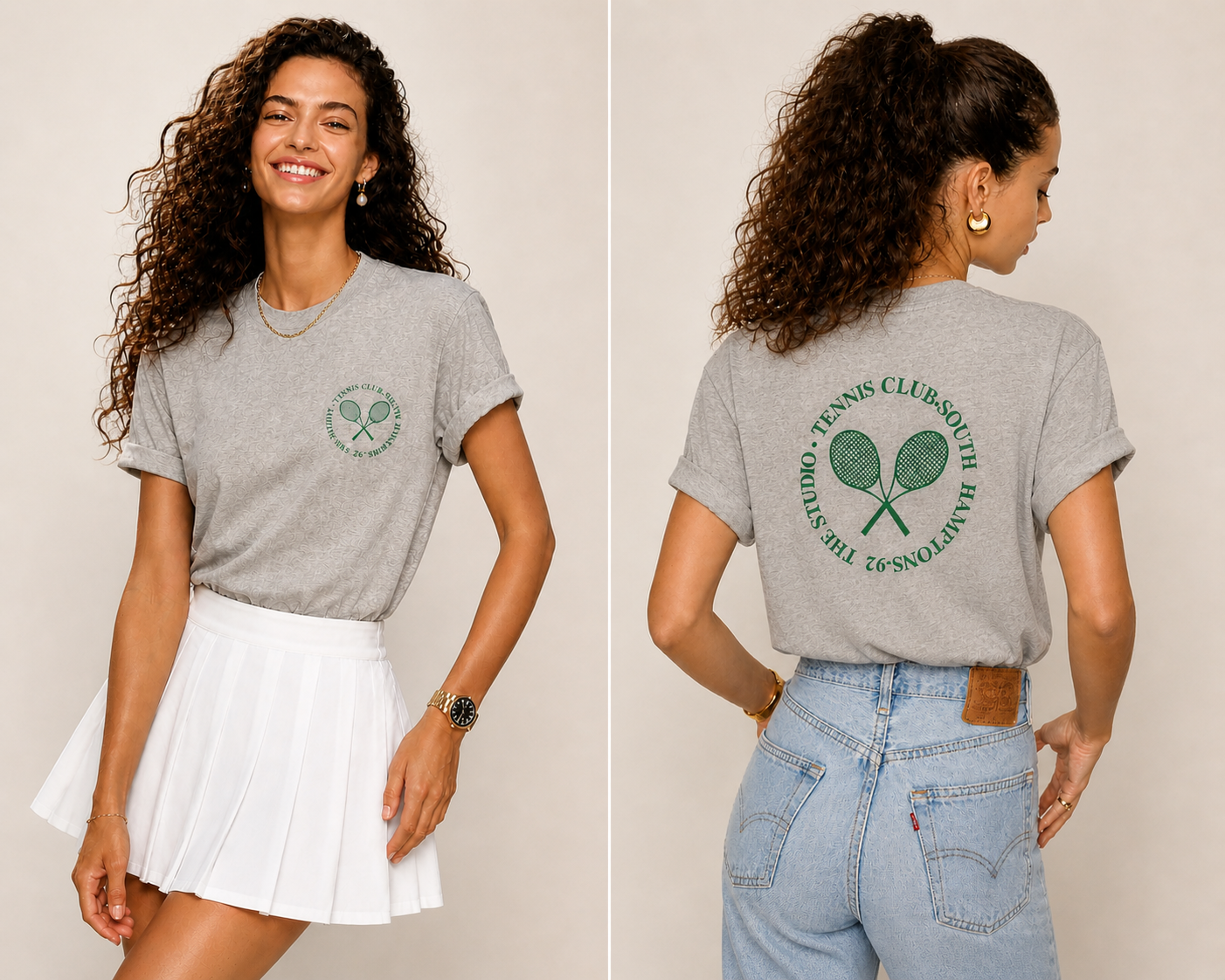 Gray women’s tennis t-shirt by Clayside with front chest logo and back graphic.
