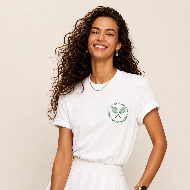 White Clayside tennis club t-shirt with green racquet logo, front and back view.